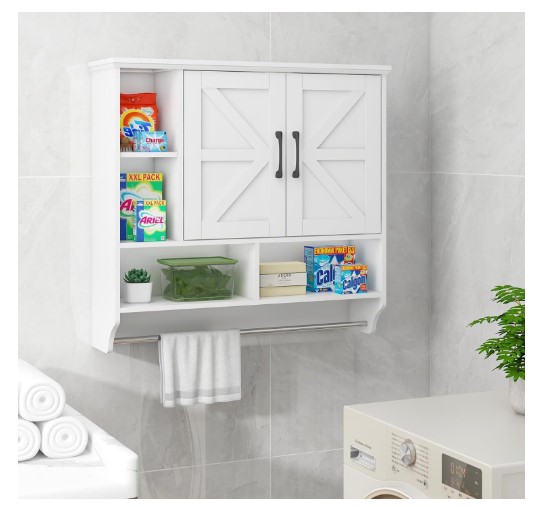 Bathroom Cabinet Wall Mounted with Towels Bar, Bathroom Medicine Cabinet with 2 Door Adjustable Shelves, Over Toilet Cabinet for Bathroom