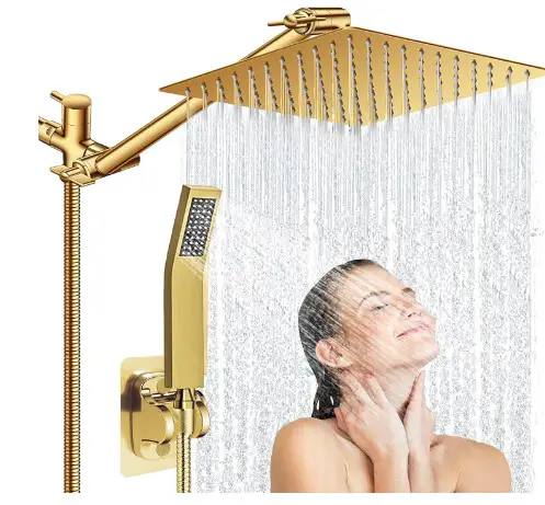 10'' Square Rain Shower Head with Handheld, High Pressure Shower Head Combo with 11'' Adjustable Extension Arm, All metal Hand Held Shower with 78'' Anti-Leak Shower Hose, 3 Way Diverter Valve, Gold