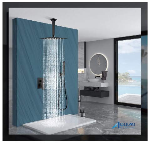 Aolemi Ceiling Mount Shower System, 12 Inch Rain Shower Head with Handheld Spray High Pressure Shower Faucet Set Rough-in Valve and Shower Trim Included Bathroom Matte Black Square Knob