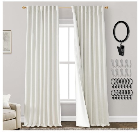 Cream Linen Blackout Curtains for Bedroom 84 Inch Length 2 Panels Set,Black Out Pleated Back Tab Room Darkening Insulated Thermal Curtains for Winter Living Room 84 Inches Long,Ivory Colored