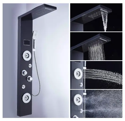 ELLO&ALLO LED Rainfall Waterfall Shower Head Rain Massage System with Body Jets Stainless Steel Bathroom Shower Panel Tower System, Brushed Black