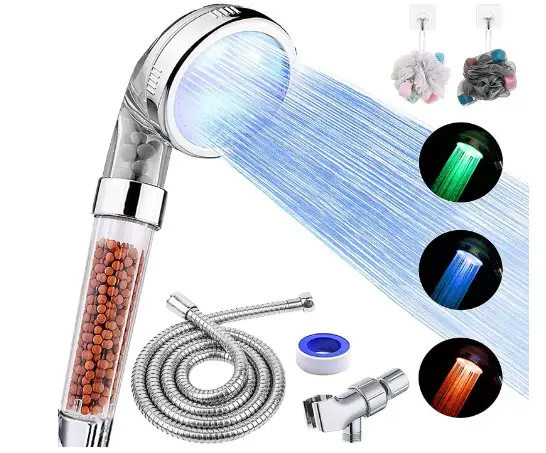 FASTRAS LED Shower Head with Handheld, High Pressure Shower Head with Hose, Holder & PTFE Tape etc, 3 Water Temperature-Controlled Water Saving Filtered Shower Head for Dry Hair& Skin