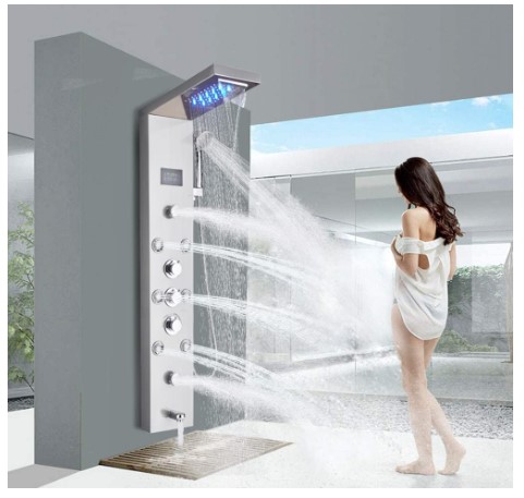 FUZ Contemporary Shower Panel Tower System Stainless Steel 6-Function Faucet LED Rainfall Waterfall Shower Head + Handheld Sprayer + Rain Massage Body Jets + Tub Spout,Brushed Nickel