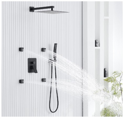 KOJOX Rain Shower System with Body Jets, 12 Inch Powerful Full Body Shower System with Rainfall Shower and Handheld Spray, Rough-in Mixer Valve Concealed Shower Faucet Set Complete, Matte Black