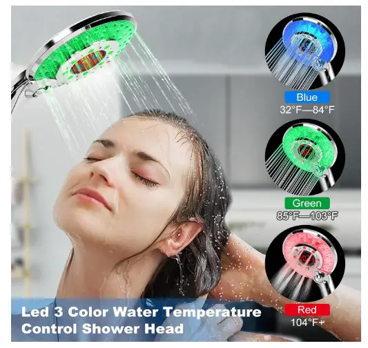 LED Shower Head Color Changing by JIEYUMU, Handheld Shower Head High Pressure with Hose, Water Saving Spray Showerheads, Discoloration Warning, Water Temperature Display, 3 Spray Modes