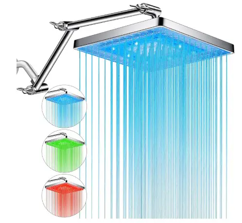 PinWin Shower Head, 8'' LED Rain Shower Head with 16'' Adjustable Extension Arm, Rainfall Style Water Spray, LED Shower Head Water Temperature Controlled Color Changing,Chrome