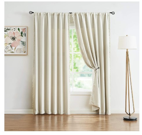 Pom Pom Curtains for Living Room 63 inch Natural Thermal Insulated Room Darkening Curtain Panels for Bedroom Window Drapes Nursery Kids Guest Room Hotel Ivory