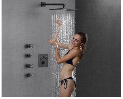 Shoyela Thermostatic Shower System with 4PCS Dual Modes Body Jets Matte Black, Push Button Diverter Shower Fixtures with 2 in 1 Handheld, Wall Mount 10 Inch Shower Head【All Functions Simultaneous Use】