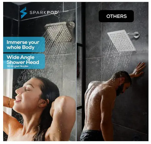 SparkPod Shower Head - High Pressure Rain - Premium Quality Luxury Design - 1-Min Install - Easy Clean Adjustable Replacement for Your Bathroom Shower Heads (Elegant Brushed Nickel, 6 Inch Square)