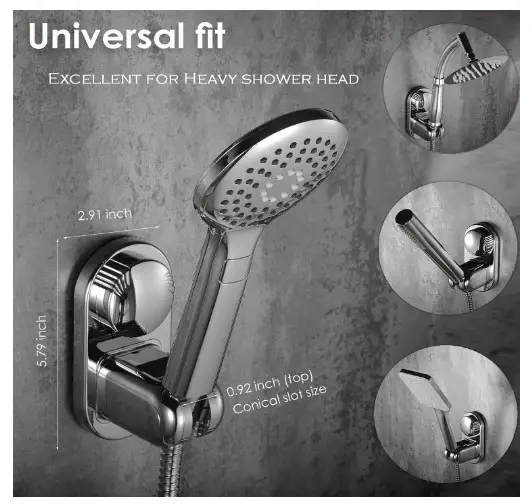Suction Cup Handheld Shower Head Holder - 5 Angles Adjustable - Unique Horizontal Setting - Large Shower Head Supports, Relocatable - Wall Mounted with Vacuum Power (Chrome)