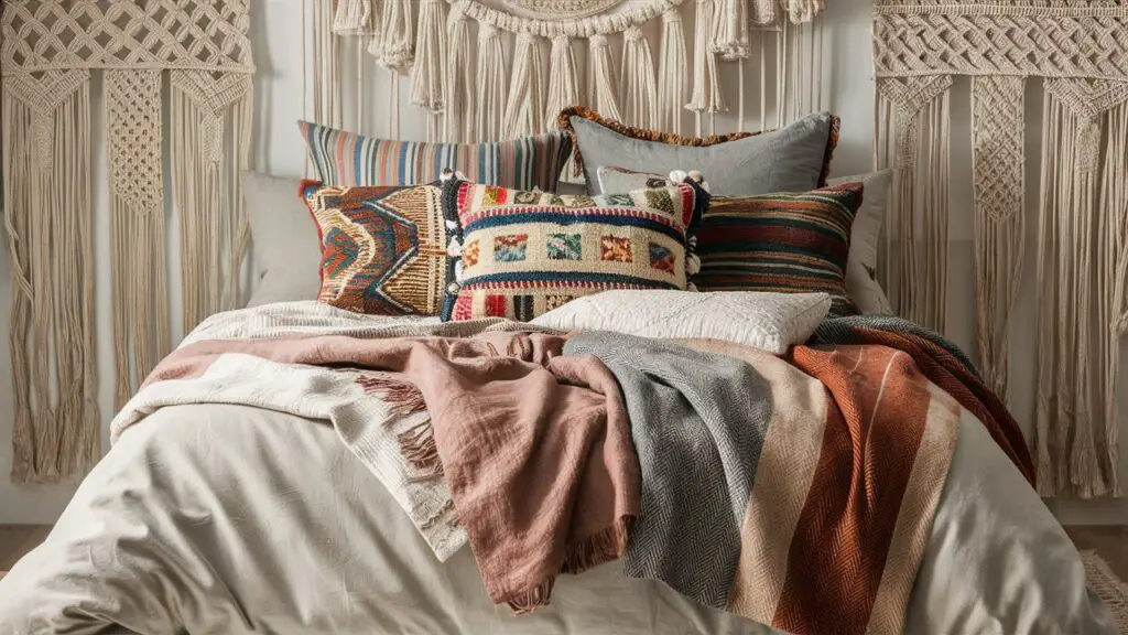 Textiles Layered Bedding and Patterned Pillows
