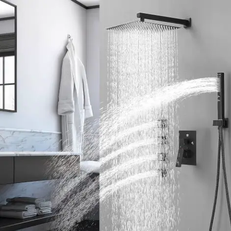Rainfall Shower System with 4 Full Body Jet 4 Mode Shower Faucet Set with 12 Inch Rain Shower Head and 2 in 1 Handheld Spray, Matte Black Brass Shower Jet Shower Fixtures, Wall Mounted